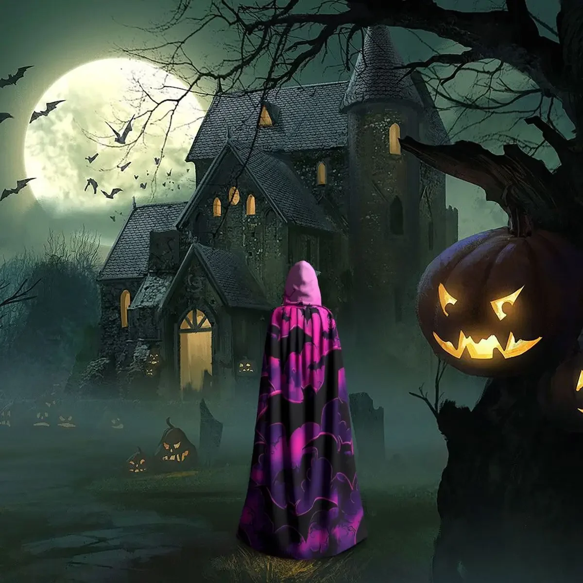 Custom Halloween Bats Long Hooded Cloak Witch Medieval Costume Cosplay Cape HalloweenParty Adult Unisex view 6