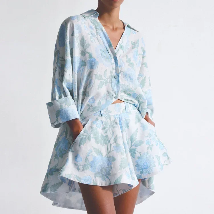 2024 Casual Printed Shirt and Short Two Piece Set with Sashes Stylish Vacation Home Leisure Wear 2 Pieces Outfits Women Clothing