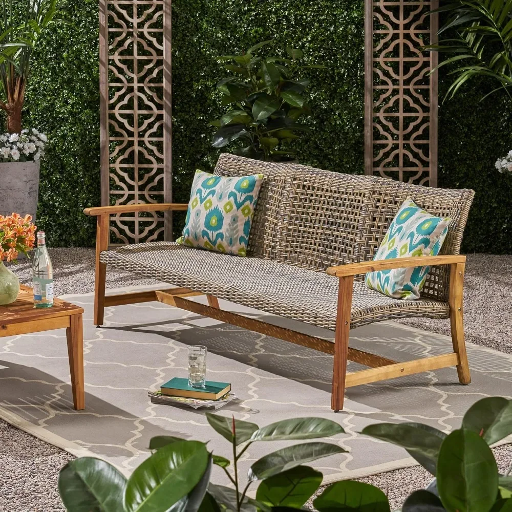 Marcia Outdoor Wood Sofa, Wicker, Natural Stained Finish