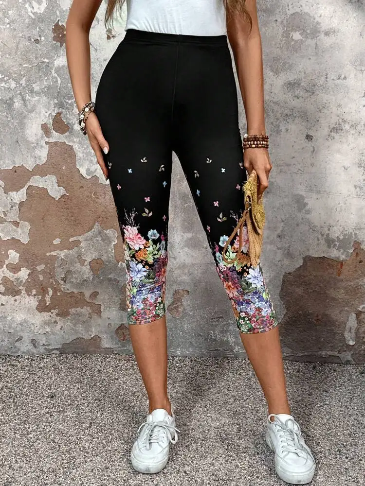 Floral print elastic elastic waist slim-fit women's leggings casual skinny capri pants