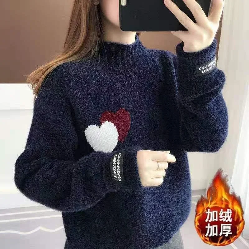 Women's Autumn Winter Sweater Loose Thick Pullover Female Love Heart Embroidery Sweaters Turtleneck Knitwear Lazy Knitted Jumper