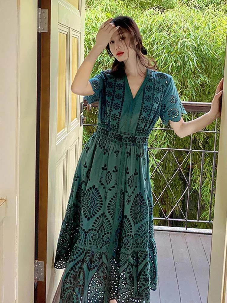 

Jastie Bohemian Women 2024 Mid-length Dress Women French Slim Hollow Big Swing Dress Elegant Short Sleeve High Waist Dresses