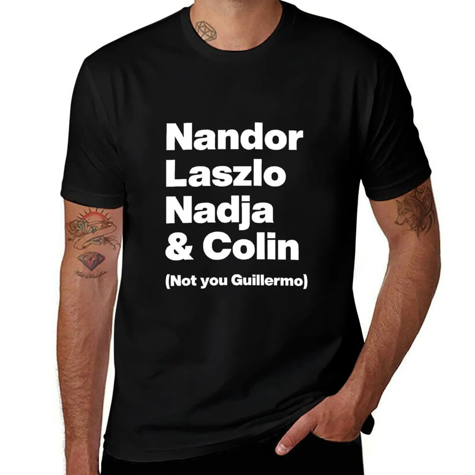 Nandor Laszlo Nadja and Colin (Not you Guillermo) - What We Do In the Shadows - White Text Graphic T-Shirt
