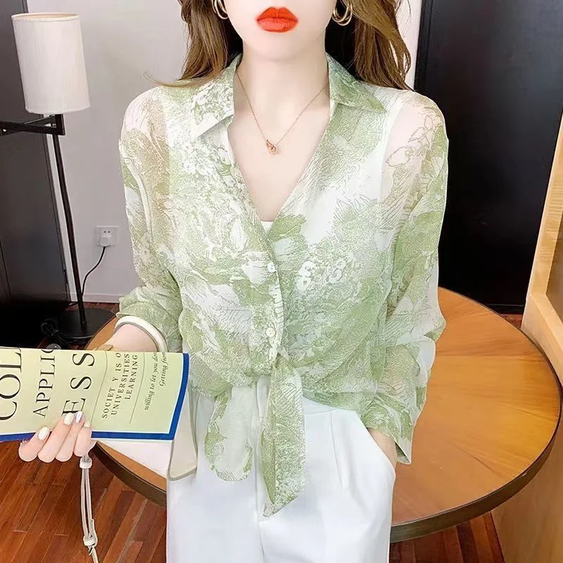 Stylish Lapel Button Printed Bandage Chiffon Shirt Women\'s Clothing 2023 Spring Summer New Casual Tops Loose Office Lady Blouse