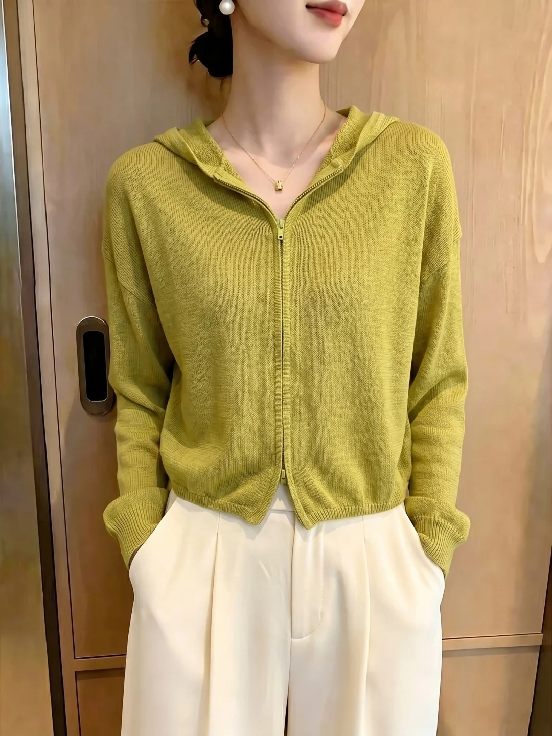 Elegant Zipper Hooded Knitted Long Sleeve Sunscreen Ice Silk Women's Fashion Outerwear Commute Style Straight Cut Autumn Coat