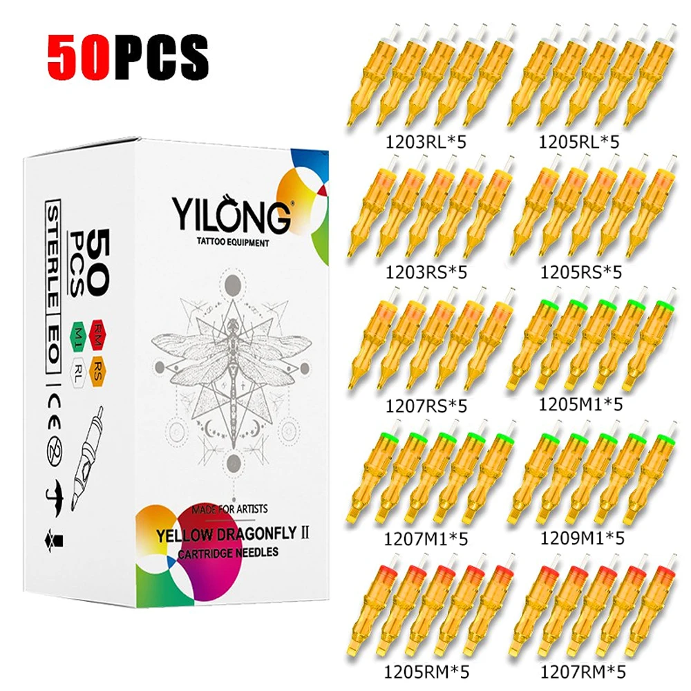 YILONG 50 Uds. Cartuchos de tatuaje de aguja amarilla mezclada agujas desechables con membrana profesional para suministro de tatuajes