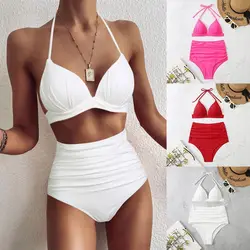 Push-up Bikinis 2024 Frauen Badeanzug solide hohe Taille Bade bekleidung weibliche Sommer Badeanzug Mayo Beach wear rot weiß rosa