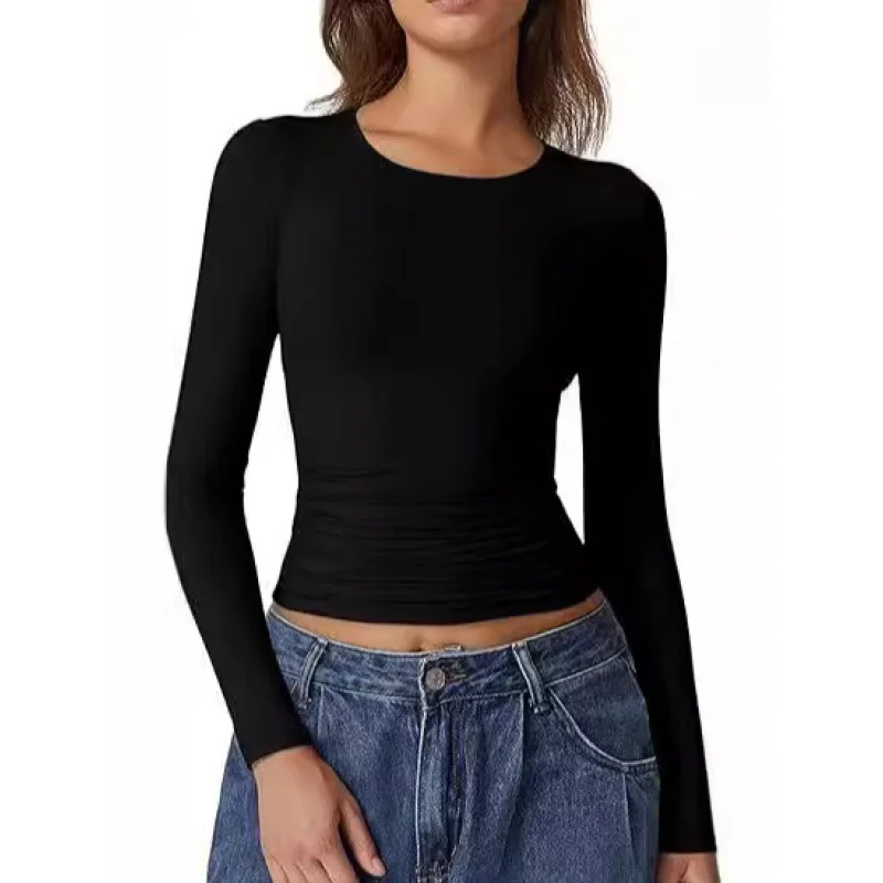 

New European and American Style Tops AutumnTRound Neck Hot Girl Long Sleeve Pullover Milk Silk Base Shirt Women High-End