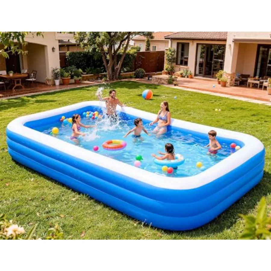 Large inflatable pool for outdoor garden backyard use PVC material blue color extra-thick durable walls and rapid inflation des