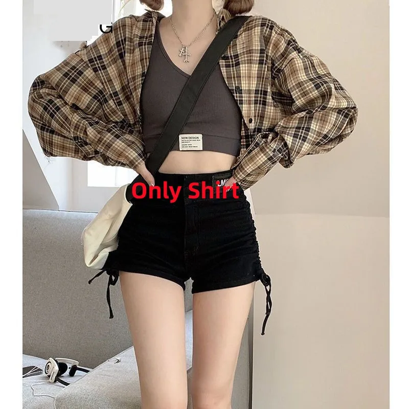 2024 Autumn New Vintage Plaid Shirt+vest+loose Cargo Pants 3-piece Suit Women\'s Casual Cardigan Trousers Tracksuit Matching Set