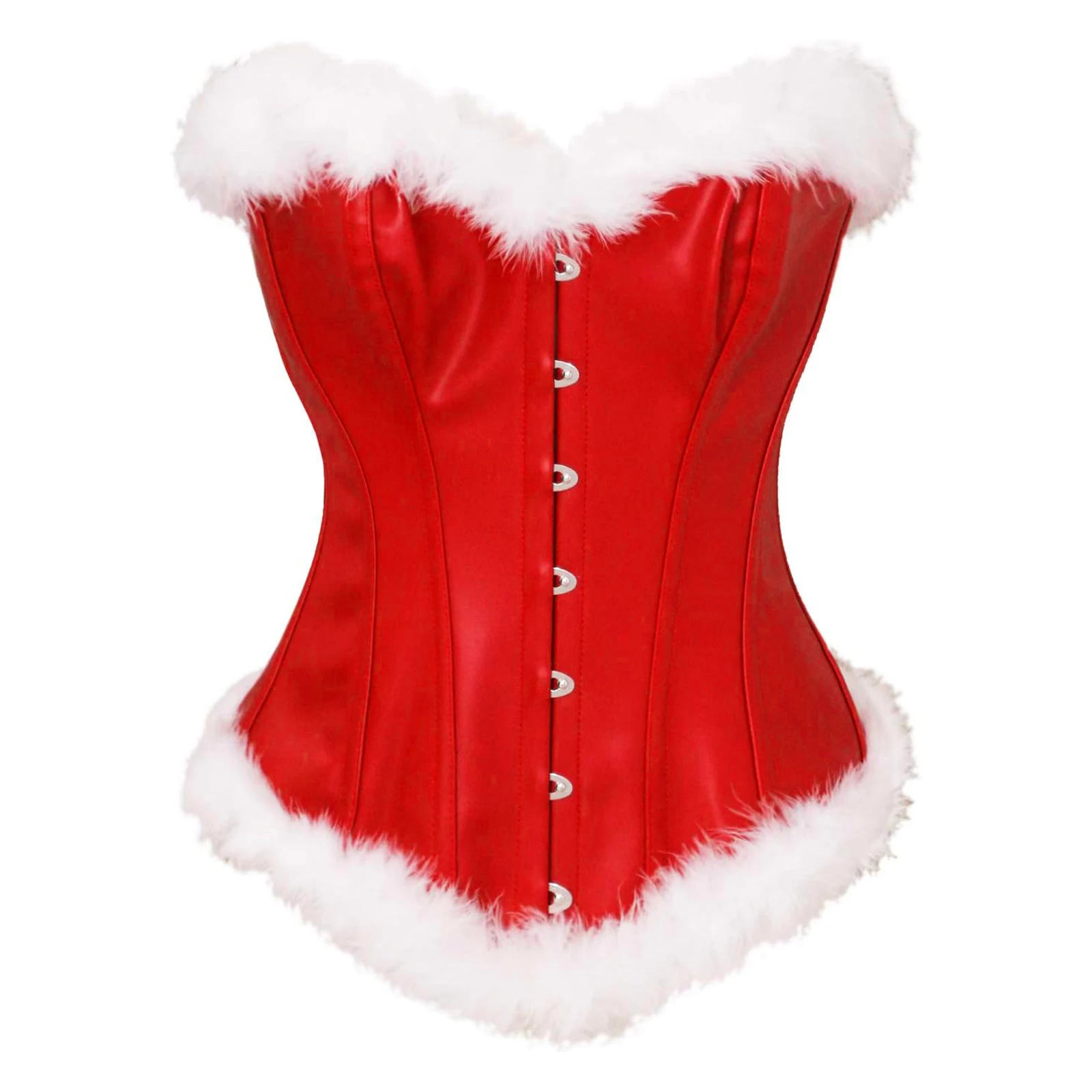 여성 크리스마스 미세스 클로스 의상 퍼지 트림 민소매 뷔스티에 코르셋 탑 코스프레 파티 무대용