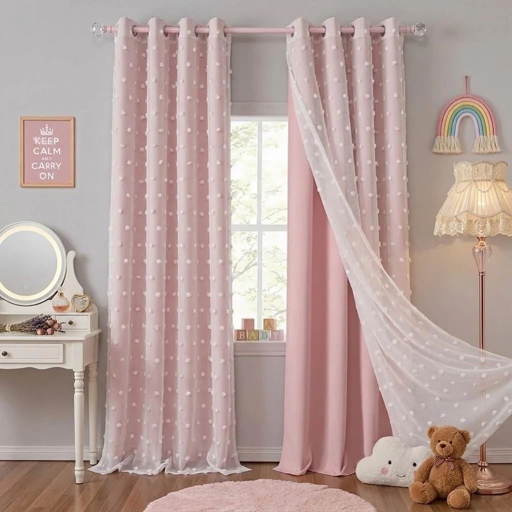 1pc Pink Curtains for Living Room Thermal Insulated Room Blackout with Pom Pom Sheer, Double Layer Curtain for Nursery Bedroom