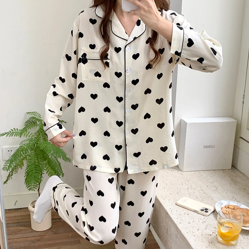 Autunno e primavera pigiama donna Bubble Cotton Thin Cartoon dolce Cardigan piccolo risvolto Plus Size Casual Outwear Home Suit Set