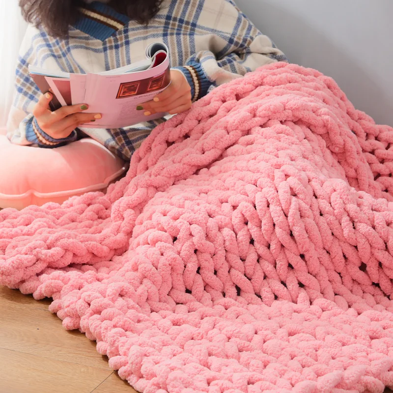 Nordic style knitted chenille sofa blanket hand-woven thick thread square blanket autumn and winter hug quilt bed end blanket