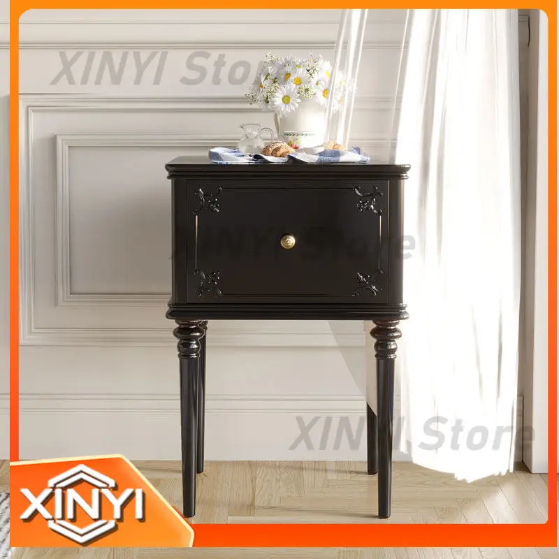 Modern Simple Solid Wood Bedside Table with Drawer Storage for French Light Luxury Retro Bedroom Side Cabinet