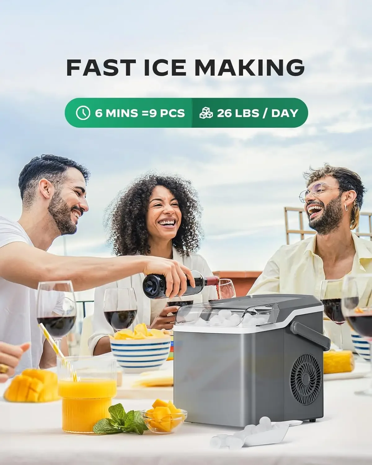 Eficiente Countertop Ice Maker, 9 Ice Cubes, Pronto em apenas 6 minutos, Produz 26lbs em 24 horas, Máquina de gelo conveniente com Se