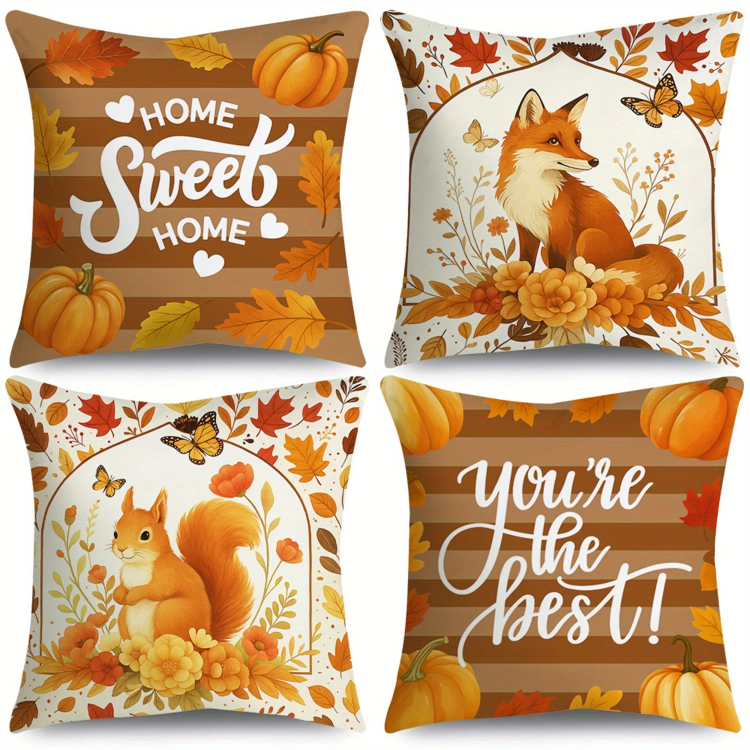 4pcs Cozy Autumn-Themed Throw Pillow Covers - Brown Striped Pumpkin, Eucalyptus Leaves, Fox & Squirrel Designs