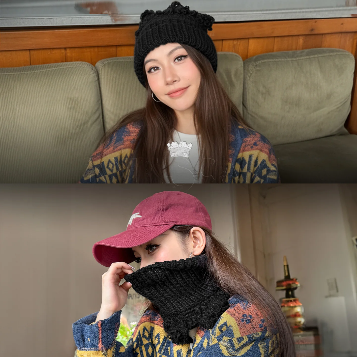 Maden Women’s Thick Knit Winter Scarf and Neck Warmer Black Soft Cozy 2-Way Design Warm Knit Neck Gaiter for Cold Weather