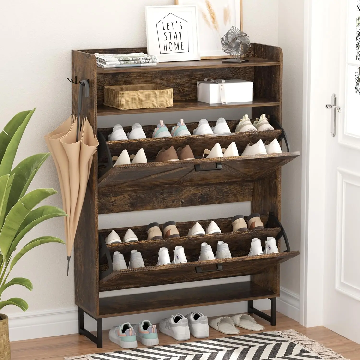 

Shoe Cabinet with 2 Flip Drawers, Freestanding Hidden Shoe Storage Organizer for Entryway, Narrow Slim Shoe Rack Cabine