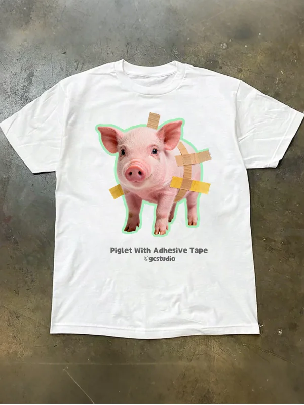 Abstract Pig Decal Tape Short Sleeve T-Shirt Pure Cotton Unisex Summer Casual Fashion Couple's Tee Breathable Printed Tee