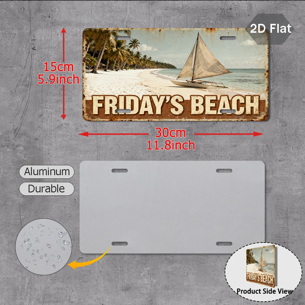 2D Flat 1pc  Aluminium Sign 2D Flat Retro Friday Beach Metal Sign - 1pc, Size 11.8In X 5.9In. This Retro Coastal Decor