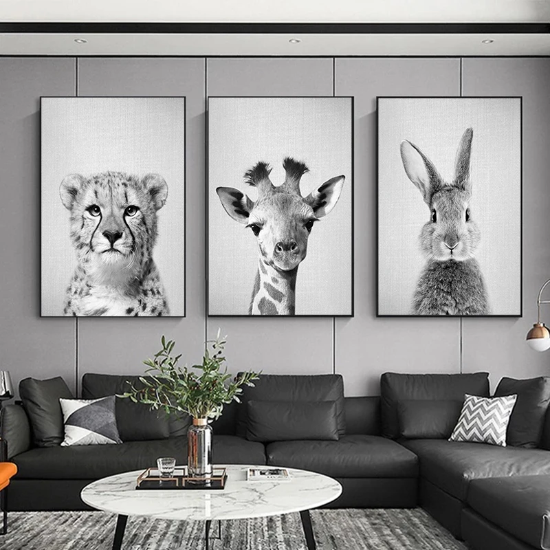 Black and White Animal Canvas Poster Panda Rabbit Fox Bear Otter Wall Art Picture for Living Room Bedroom Modern Home  Gift