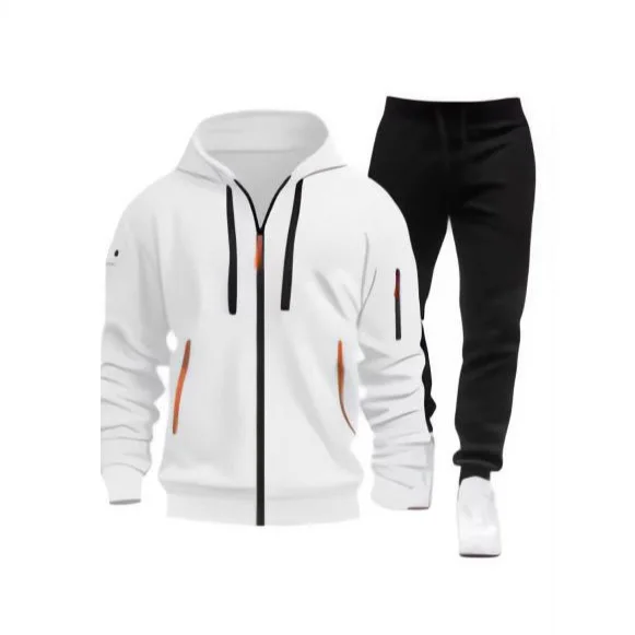 

New Men's Fleece Hooded Zipper Sweatshirt Casual Sports Set Warm and Windproof Autumn Winter Two-piece Set for Men's Clothing