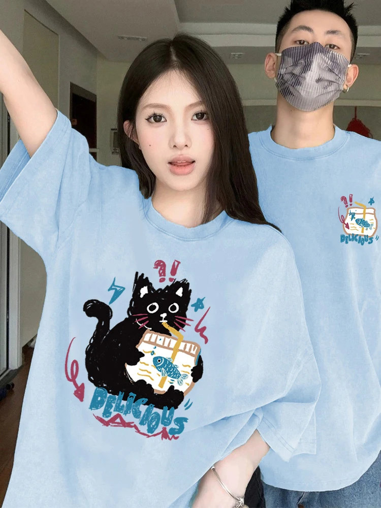 Kitten Diary Pattern Couple T-shirt Summer Season 2024 New Trend Fashion Short Sleeves