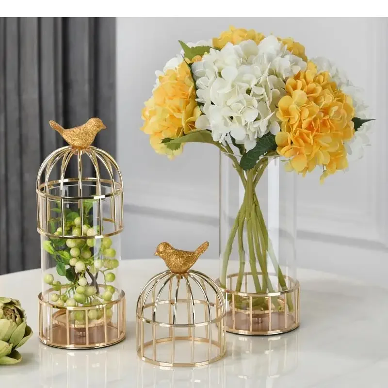 Glass Vase Golden Birdcage Candlestick Metal Rack Flower Arrangement Accessories Bird Modern Home Decoration Crafts