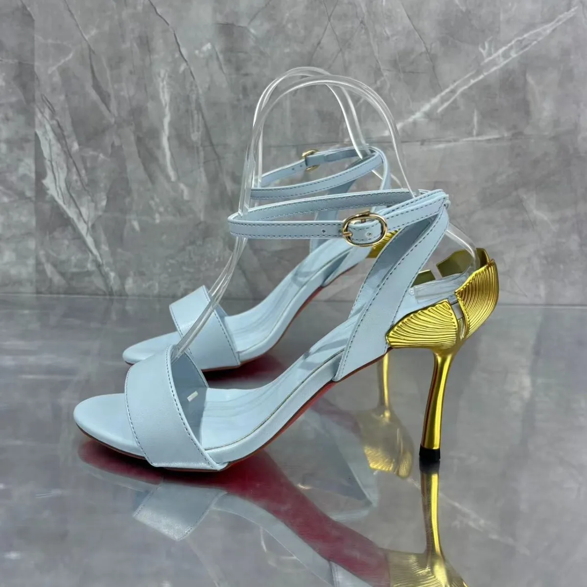 

Metal Petal Heel Sandals Stiletto Open-Toe Buckle High Heels Patent Leather Comfortable Banquet Party Women's Shoes
