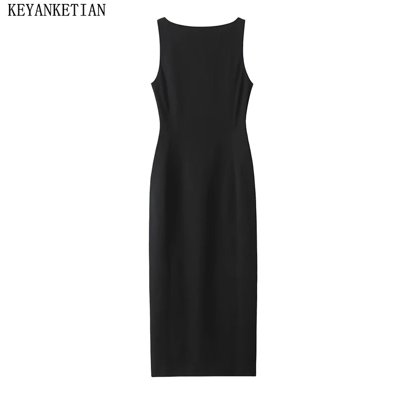 EllYANEllTIAN-Robe noire en fibre longue pour femme, élégante, fermeture éclair au dos, plissée, fendue au dos, col rond, nouvelle collection 2024