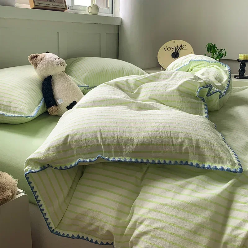 

Simple Striped Shell Edge Bedding Sets Washed Cotton Fabric Cozy Fitted Sheet for Home Non Fading Bedclothes Set for Single Bed