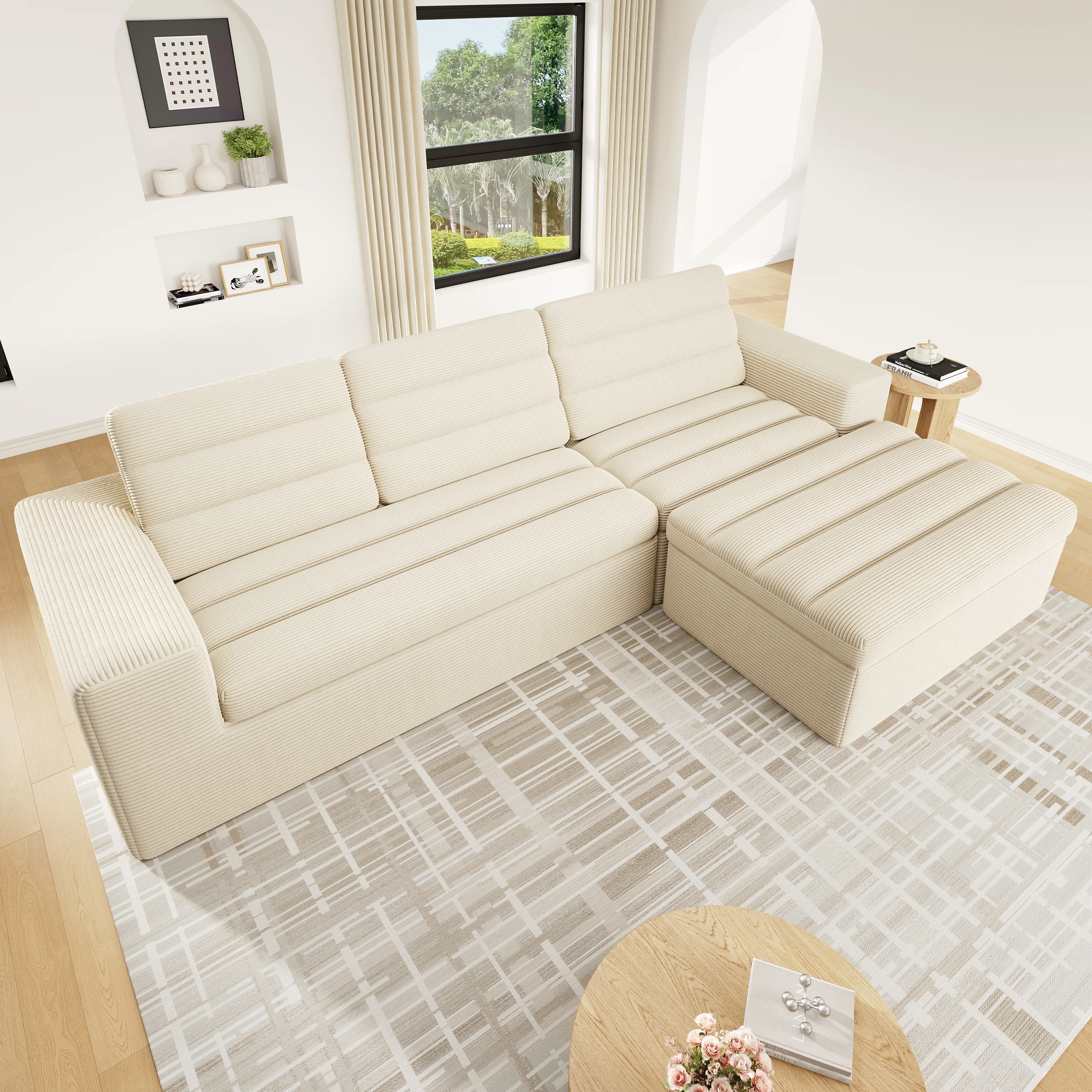Canapé modulaire en forme de L, design nuage sans cadre, configuration flexible, tissu en velours côtelé, beige, idéal pour le salon et l'appartement, aucun assemblage requis