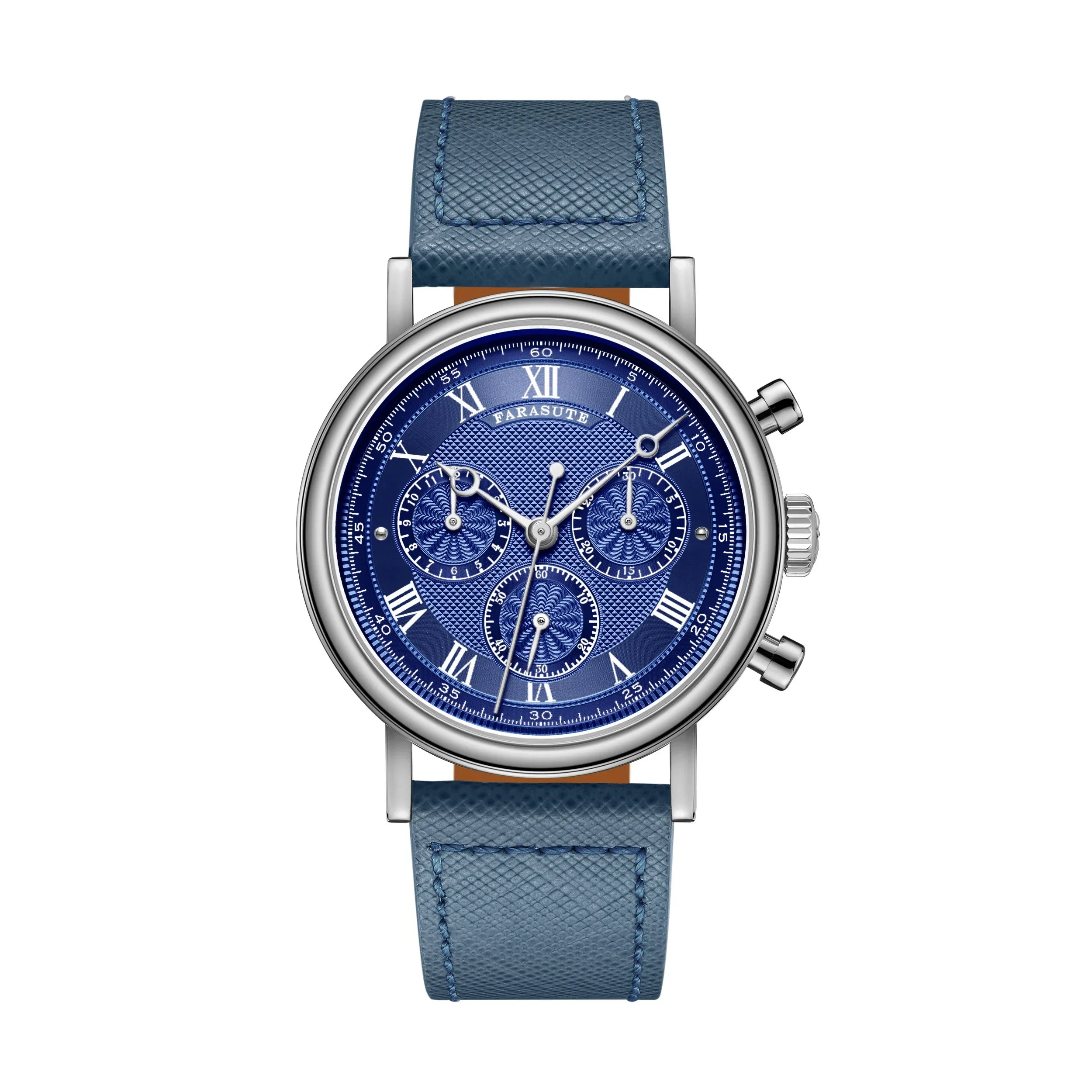 FARASUTE 新 38 ミリメートル腕時計メンズレトロ刻まれたダイヤルクロノグラフ自動機械式時計サファイア 3 窓防水孔雀