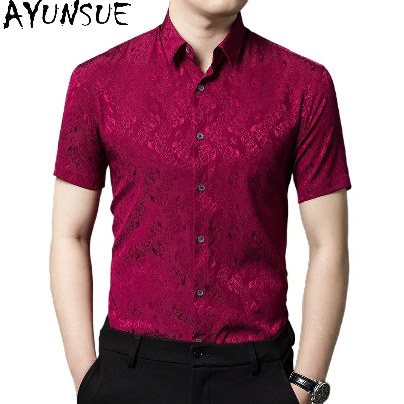 

AYUNSUE New 92% Mulberry Silk 8% Spandex Shirts for Man Luxury 2026 Short Sleeve Summer Tops Fashion Men Shirt Camisa Masculina