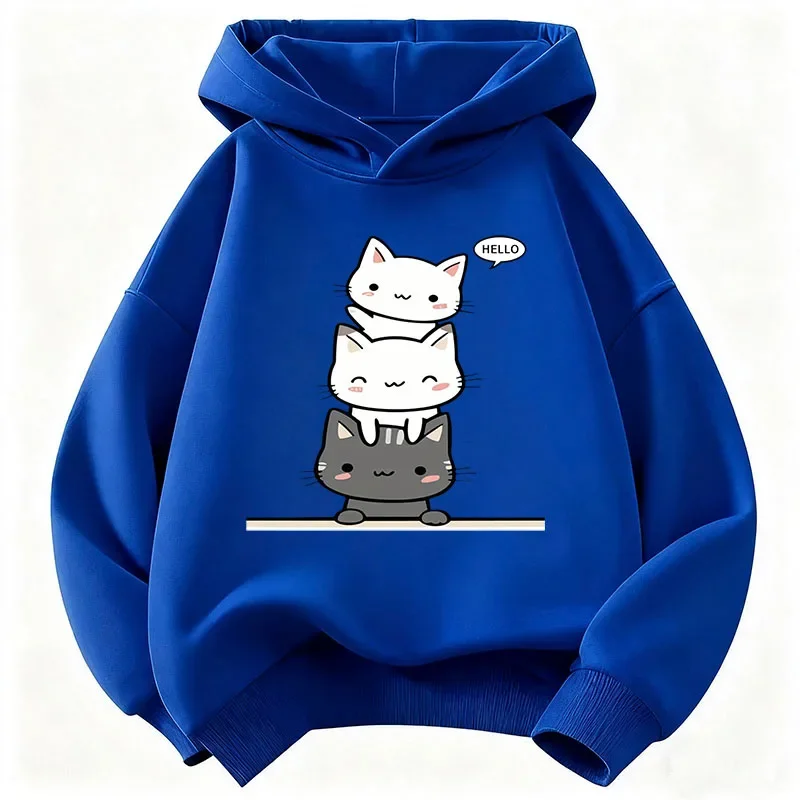 Katzen-Hoodie, süß, Kawaii, gestapelte Katzen, Hello Cartoon, minimalistisch, ästhetisch, Oversized, lässig, Sport-Sweatshirts für Kinder – Detail 4