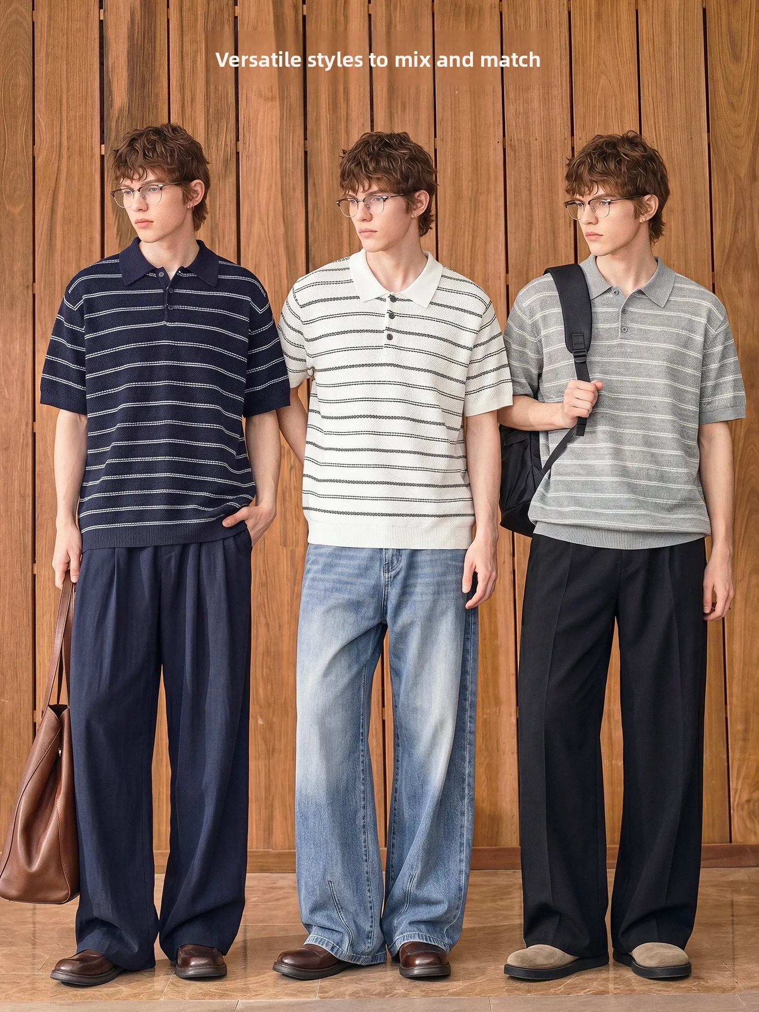 Color Block Stripe Owl Collar Knitted Short Sleeve  Shirt Men Summer Breathable Loose Thin Base Tee T-Shirt Inner Wear