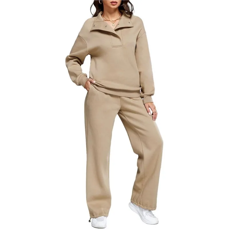 

Casual Sportswear 2 Piece Suit 2025 Oversized Hoodie Set Lapel Pullover Top+Casual Wide-leg Pants Set Solid color Jogging Outfit