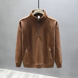 High Street Fashion Autumn Winter New Sweatshirts Men Solid Stand Half Zipper Patchwork Trend Casual Long Sleeve Loose Hoodies
