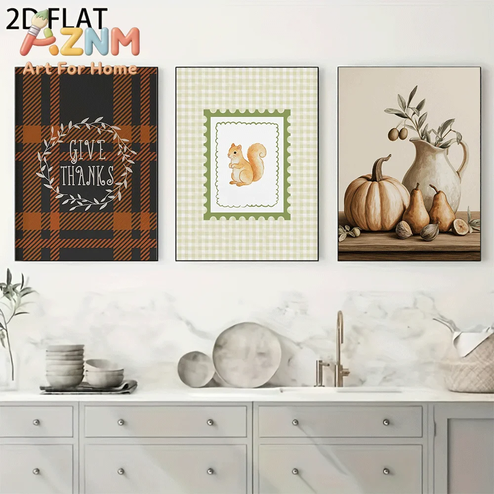 AZNM Frameless Canvas Wall Art, Fall Thanksgiving Print, Plaid Give Thanks Squirrel Pumpkin Pear Olive Vase Watercolor Art Poste