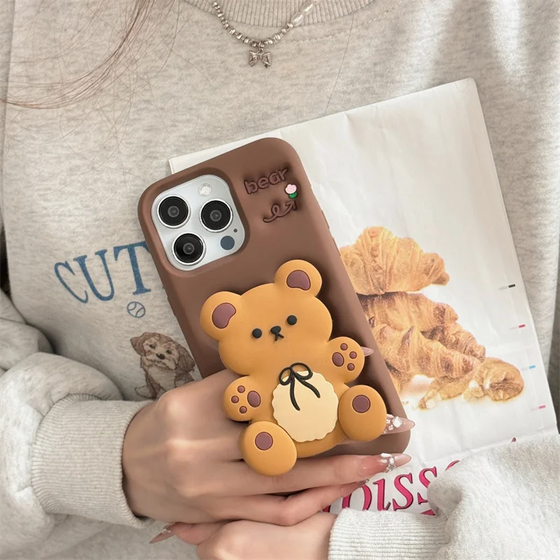 INS Pop Cartoon Bear fold Holder Silicone Phone Cover for iphone 16 pro max case Funda Coque For iphone 15 14 12 13 Pro Max i11