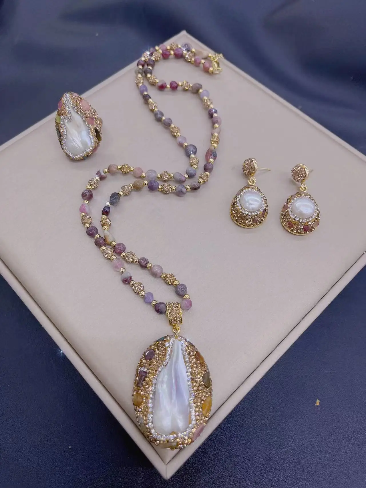 

European and American French Baroque pearl tourmaline necklace ring earring set