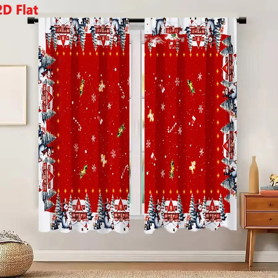 2Pcs Curtains 2D Flat Festive Christmas Border Frame With Snowmen Trees And Houses On Red Background Window Drapes for Bedroom R