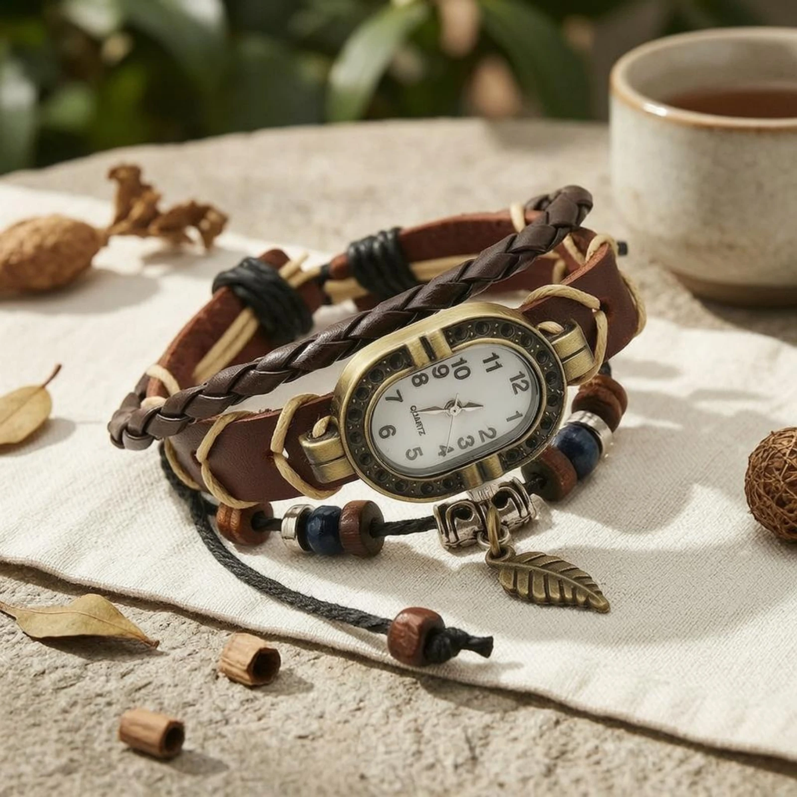 

Leather Bracelet Watch Handmade Oval Dial Bracelet Watch Fashion Accessory Braided Cord Leaf Pendant Charm
