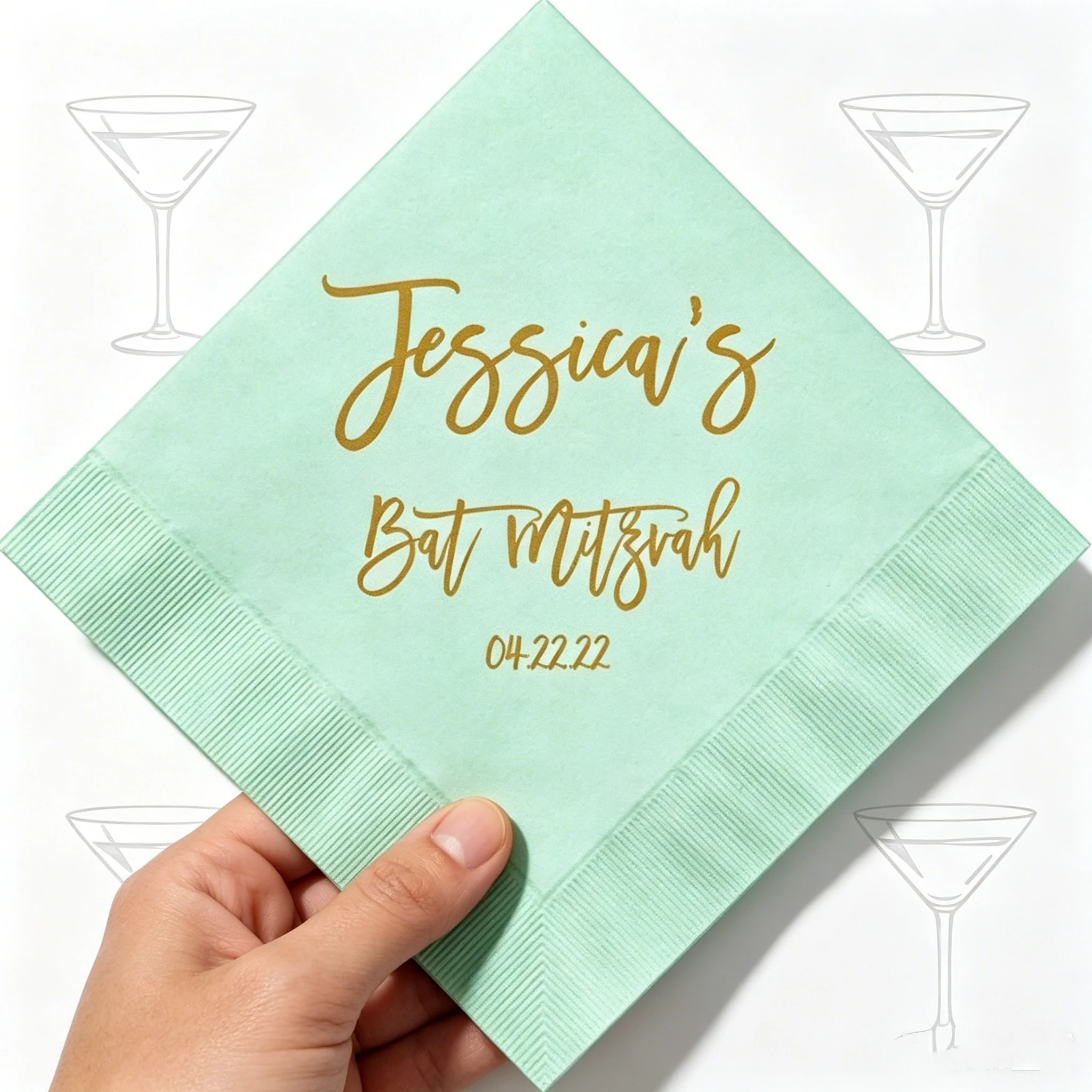 

50pcs Custom Gold Foil Bat Mitzvah Cocktail Napkins, Personalized Name & Date Printed Napkins for Bat Mitzvah Celebration, Jewis