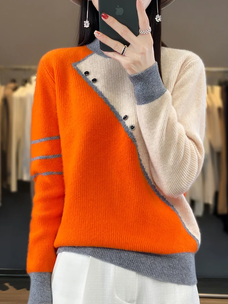 Autumn Winter New 100% Wool Knitted Pullover Women O-Neck Color Match Sweater Long Sleeve Shirt Fashion Loose Warm Thick Tops