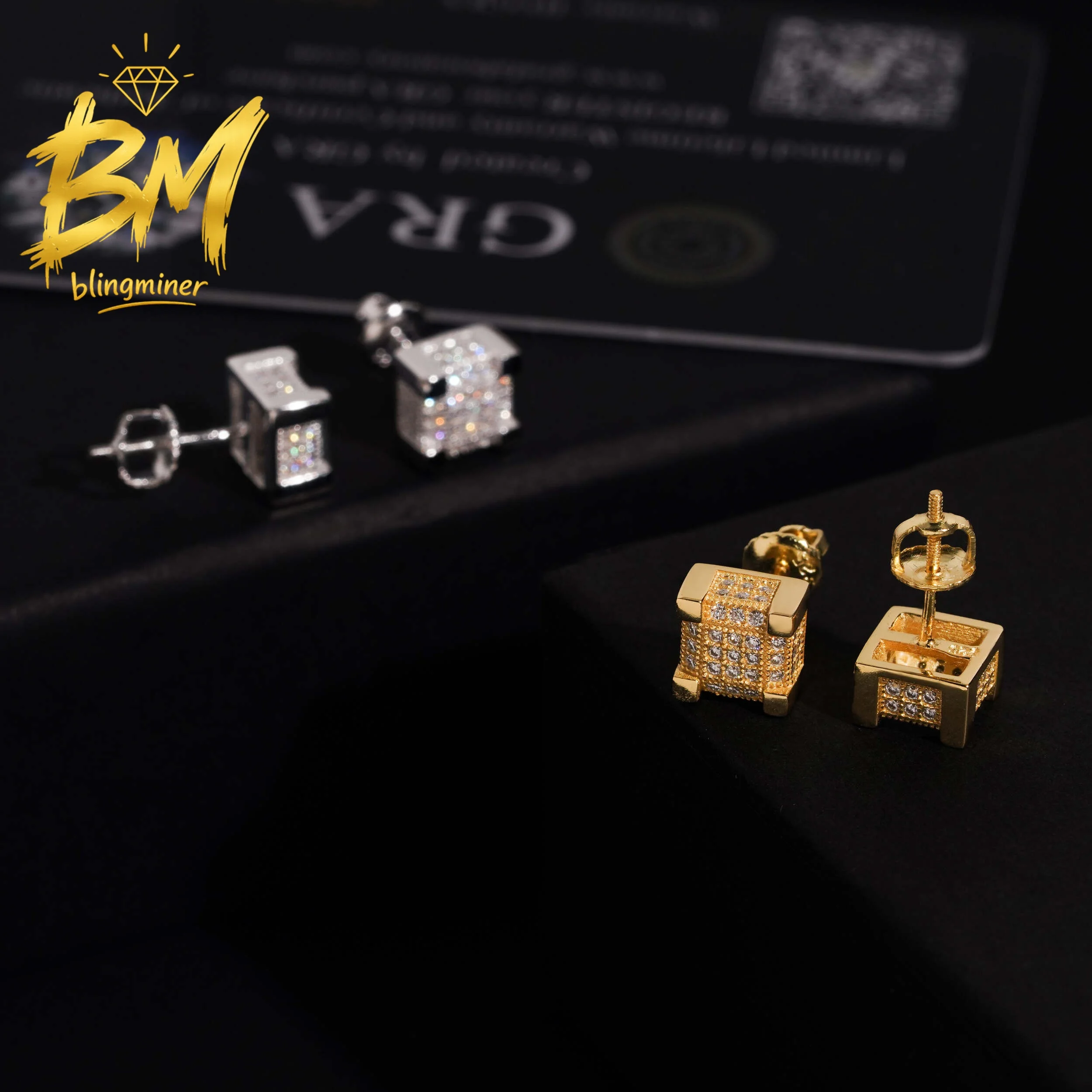 Blingminer Iced Out Square 8MM S925 Silver VVS Moissanite Earrings For Men Women Ear Studs Jewelry Pass Diamonds Tester GRA