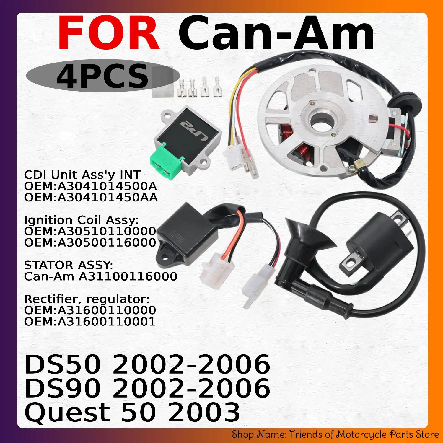 ATV Full Ignition Kit Stator+CDI Unit+Ignition Coil+Regulator Rectifier For Can‑Am DS50 DS90 Quest 50 A31100116000 A31600110000