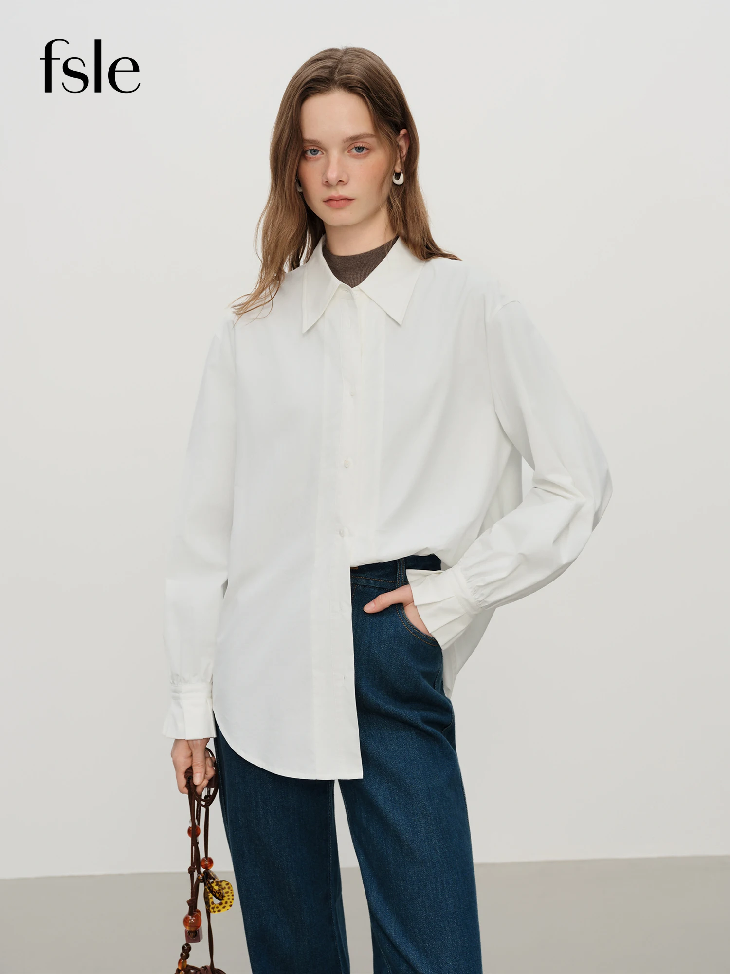 

FSLE French-Elegant Stylish Pima Cotton Long Sleeve Shirt for Women Fall Winter 2025 New Arrival Versatile Inner Layer Top Shirt