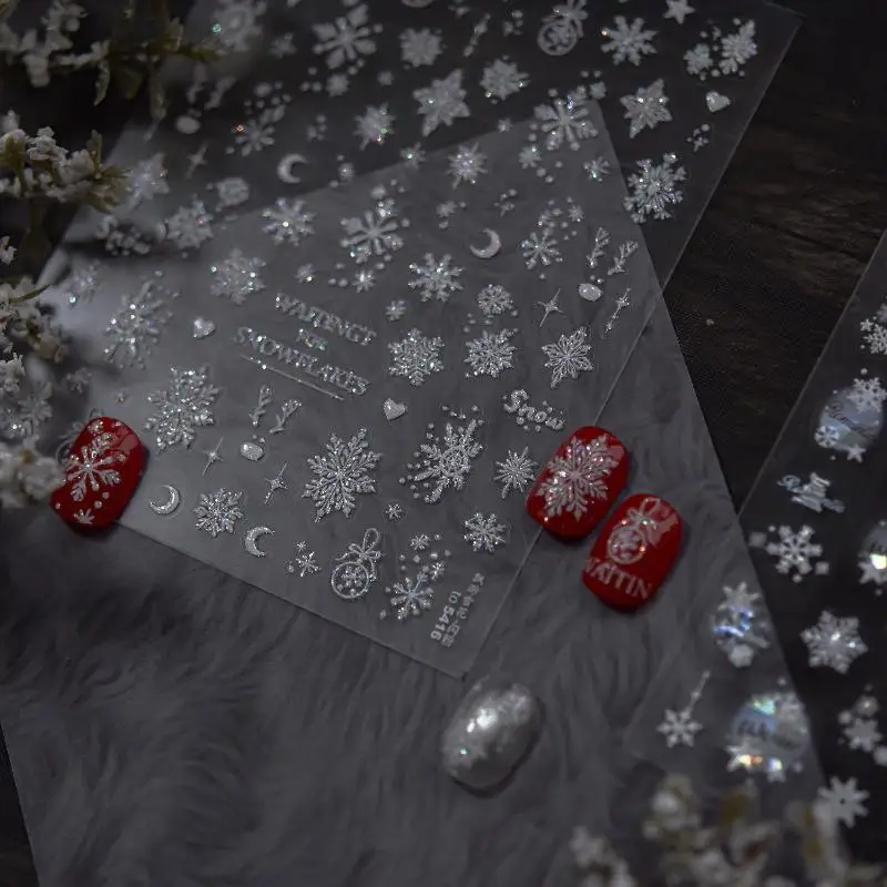 สติ๊กเกอร์ตกแต่งเล็บลายเกล็ดหิมะคริสต์มาสสุดหรู สำหรับตกแต่งเล็บ DIY อุปกรณ์ตกแต่งเล็บ ลายปีใหม่